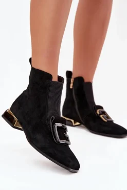 Hot D&A Skórzane Zamszowe Botki Damskie Na Niskim Obcasie Z Ozdobą MR52-217 Czarne Czarny