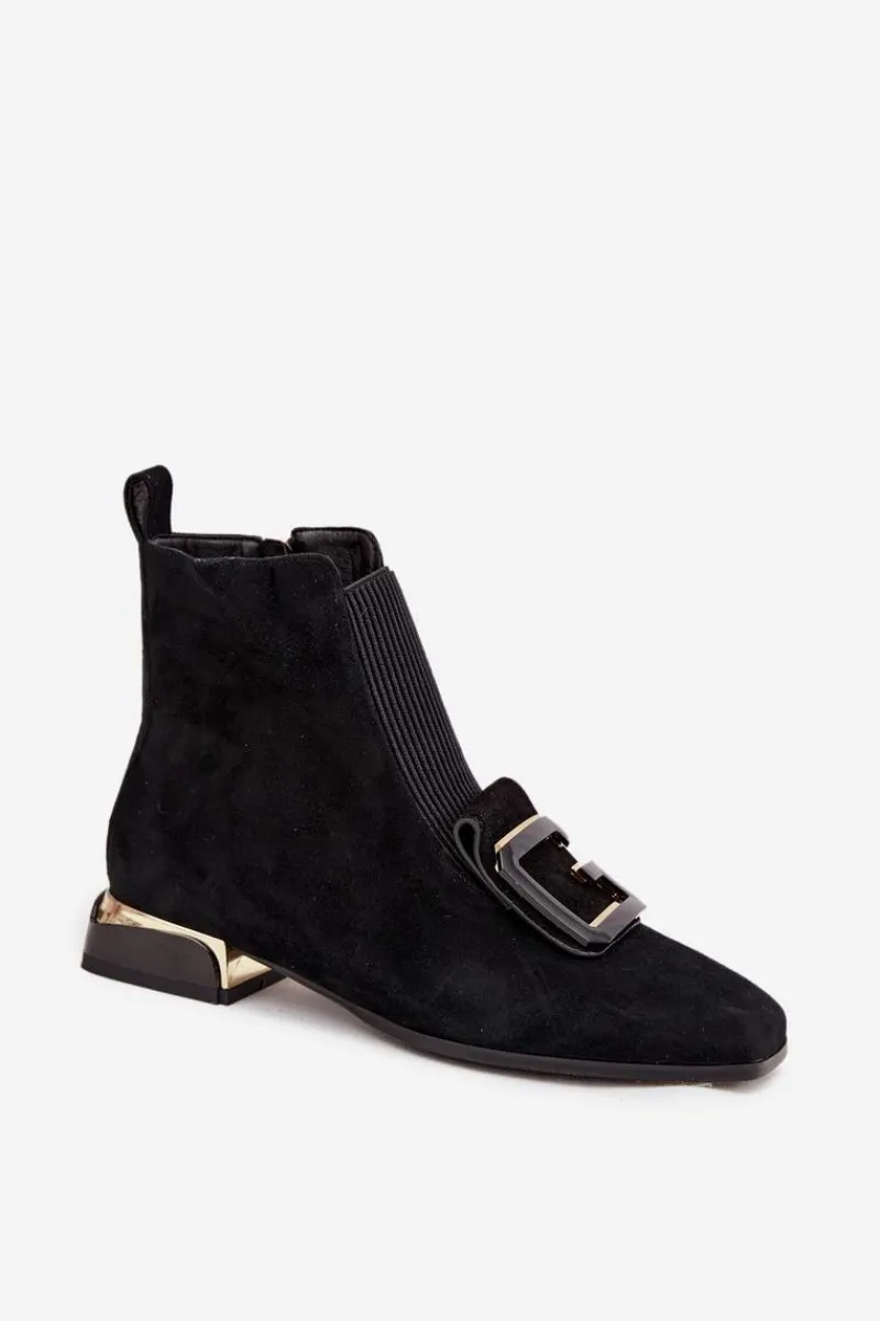 Hot D&A Skórzane Zamszowe Botki Damskie Na Niskim Obcasie Z Ozdobą MR52-217 Czarne Czarny