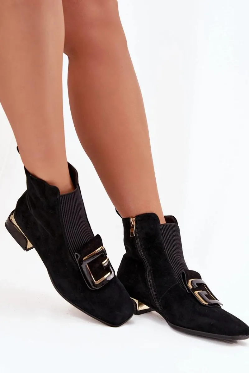 Hot D&A Skórzane Zamszowe Botki Damskie Na Niskim Obcasie Z Ozdobą MR52-217 Czarne Czarny