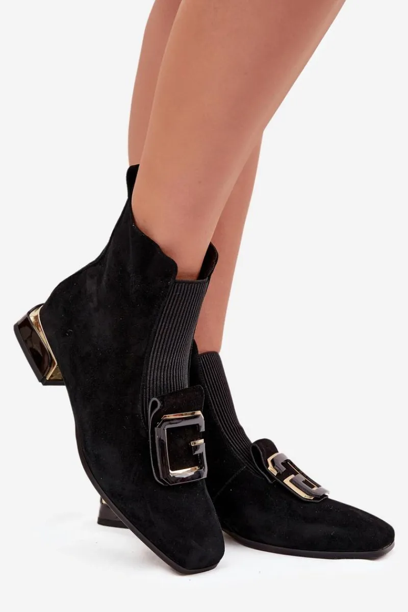 Hot D&A Skórzane Zamszowe Botki Damskie Na Niskim Obcasie Z Ozdobą MR52-217 Czarne Czarny