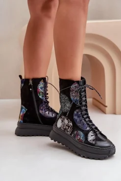 Online Skórzane Zamszowe Botki Na Platformie Ocieplane 06565-01 Czarne Damskie Botki Maciejka|Damskie Trapery