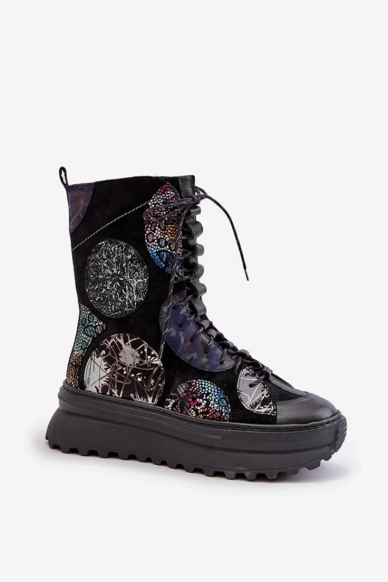 Online Skórzane Zamszowe Botki Na Platformie Ocieplane 06565-01 Czarne Damskie Botki Maciejka|Damskie Trapery