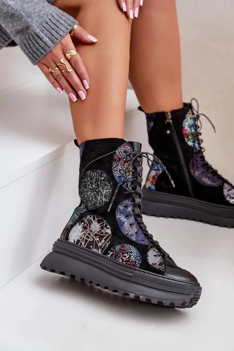 Online Skórzane Zamszowe Botki Na Platformie Ocieplane 06565-01 Czarne Damskie Botki Maciejka|Damskie Trapery