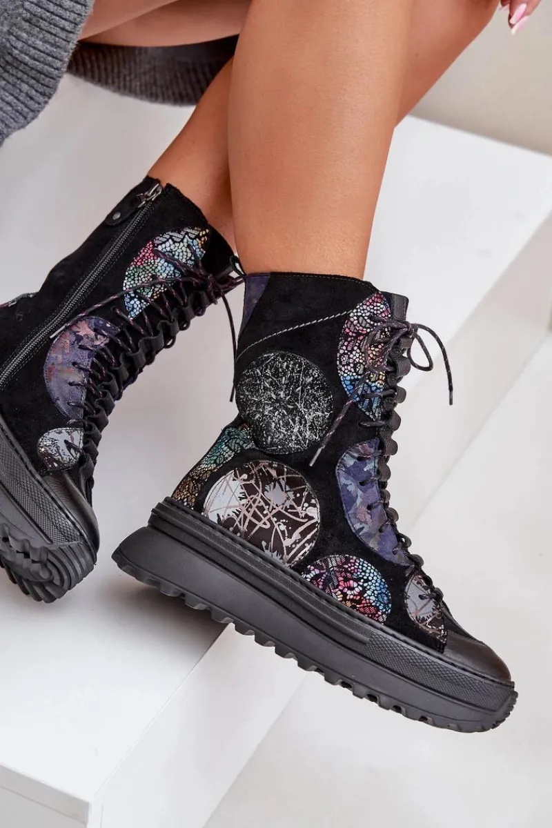 Online Skórzane Zamszowe Botki Na Platformie Ocieplane 06565-01 Czarne Damskie Botki Maciejka|Damskie Trapery