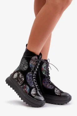 Online Skórzane Zamszowe Botki Na Platformie Ocieplane 06565-01 Czarne Damskie Botki Maciejka|Damskie Trapery