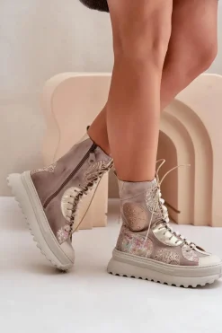 Hot Skórzane Zamszowe Botki Na Platformie Ocieplane 06565-04 Beżowe Damskie Botki Maciejka|Damskie Trapery