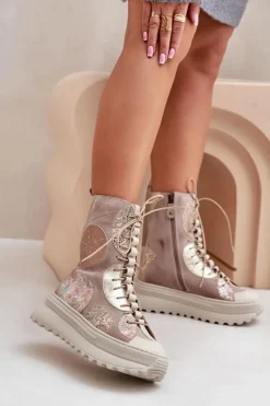 Hot Skórzane Zamszowe Botki Na Platformie Ocieplane 06565-04 Beżowe Damskie Botki Maciejka|Damskie Trapery