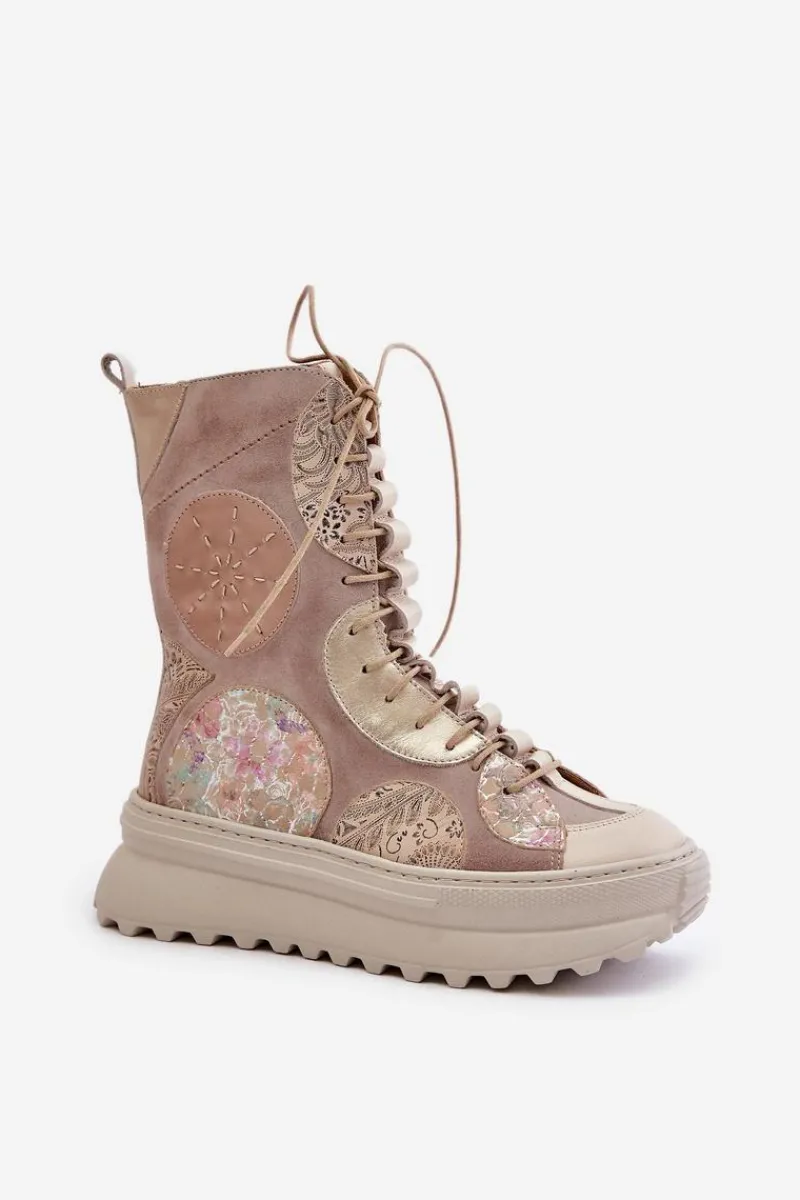 Hot Skórzane Zamszowe Botki Na Platformie Ocieplane 06565-04 Beżowe Damskie Botki Maciejka|Damskie Trapery