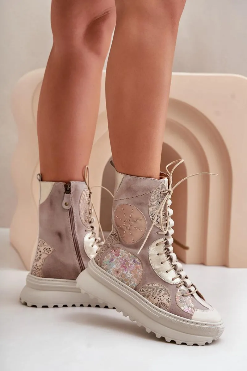 Hot Skórzane Zamszowe Botki Na Platformie Ocieplane 06565-04 Beżowe Damskie Botki Maciejka|Damskie Trapery