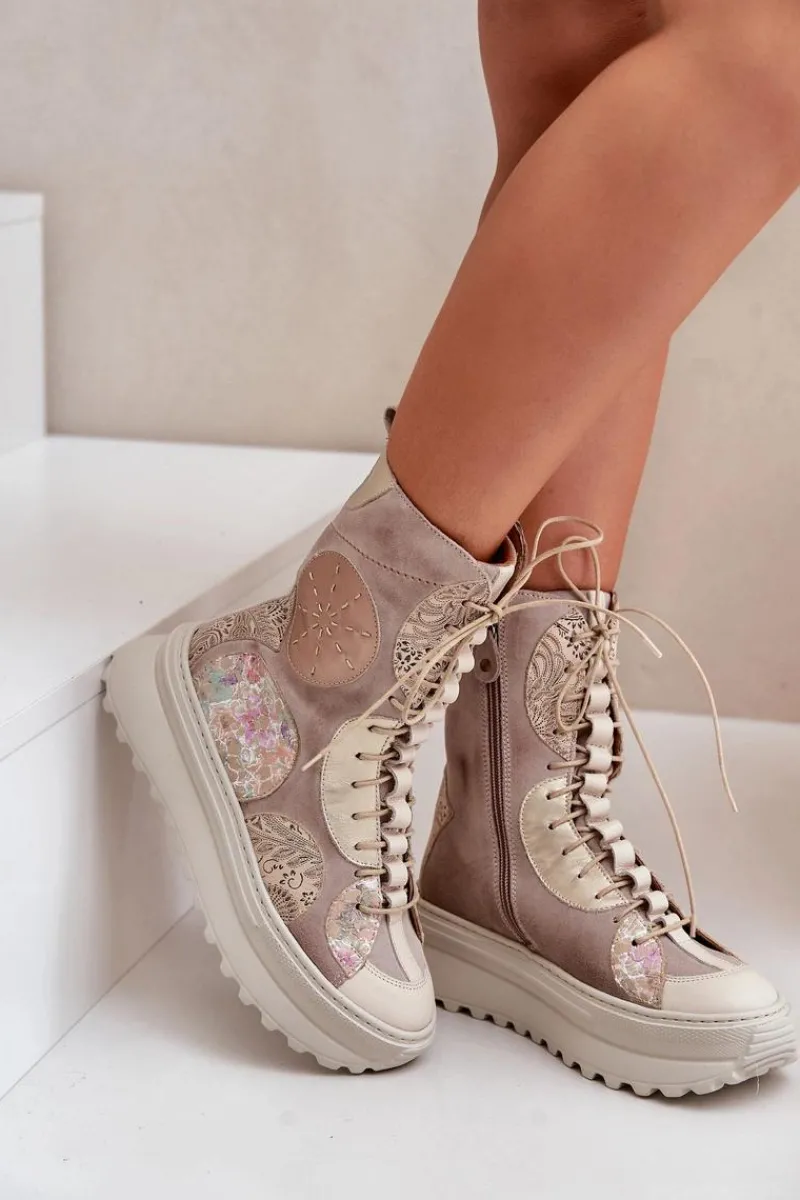 Hot Skórzane Zamszowe Botki Na Platformie Ocieplane 06565-04 Beżowe Damskie Botki Maciejka|Damskie Trapery