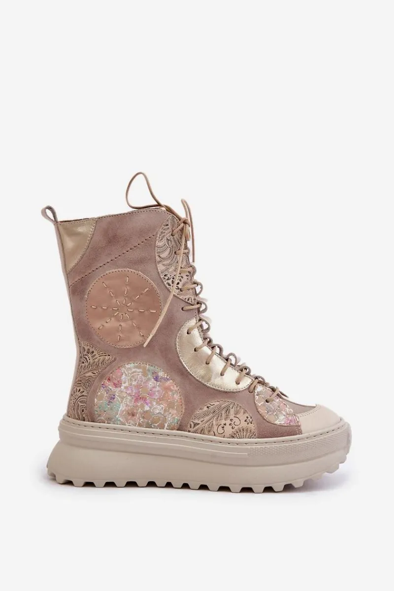 Hot Skórzane Zamszowe Botki Na Platformie Ocieplane 06565-04 Beżowe Damskie Botki Maciejka|Damskie Trapery