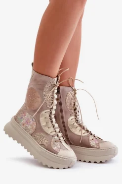 Hot Skórzane Zamszowe Botki Na Platformie Ocieplane 06565-04 Beżowe Damskie Botki Maciejka|Damskie Trapery