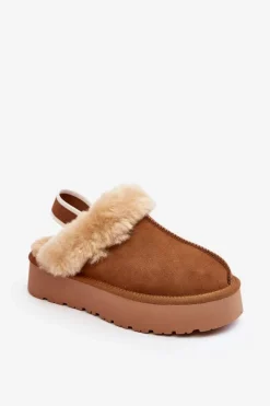Skórzane Zamszowe Kapcie Damskie Na Platformie Z Futerkiem Camel Sophienne Damskie Kapcie Klasyczne