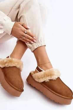 Skórzane Zamszowe Kapcie Damskie Na Platformie Z Futerkiem Camel Sophienne Damskie Kapcie Klasyczne