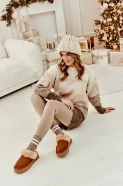 Skórzane Zamszowe Kapcie Damskie Na Platformie Z Futerkiem Camel Sophienne Damskie Kapcie Klasyczne