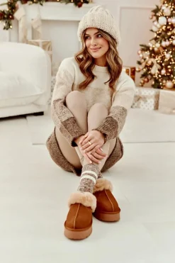 Skórzane Zamszowe Kapcie Damskie Na Platformie Z Futerkiem Camel Sophienne Damskie Kapcie Klasyczne