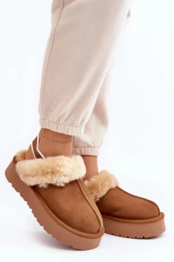 Skórzane Zamszowe Kapcie Damskie Na Platformie Z Futerkiem Camel Sophienne Damskie Kapcie Klasyczne