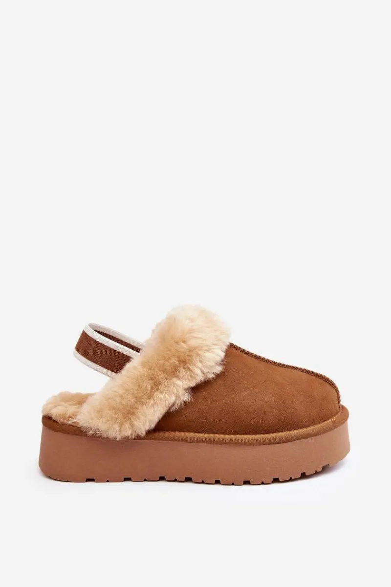 Skórzane Zamszowe Kapcie Damskie Na Platformie Z Futerkiem Camel Sophienne Damskie Kapcie Klasyczne
