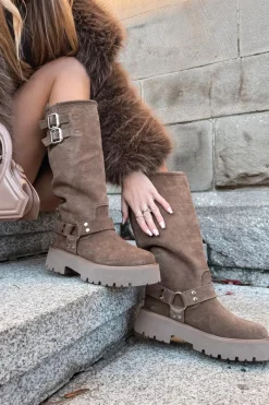 Discount Big Star Shoes Skórzane Zamszowe Kozaki Damskie Z Klamrami Ocieplane Big Star OO274A182 Beżowe Beżowy