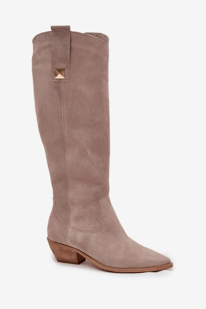 Zazoo Skórzane Zamszowe Kozaki Kowbojki Ocieplane 4224 Cappuccino Beżowy