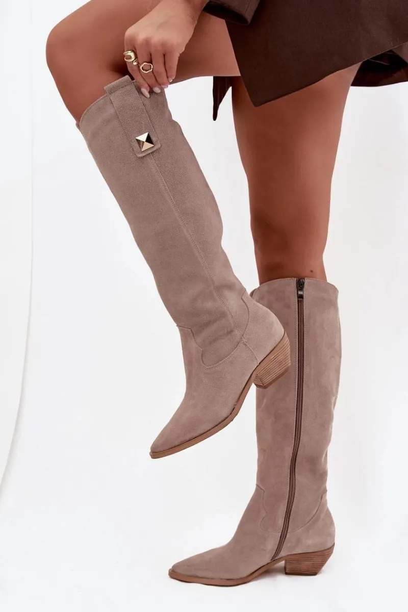 Zazoo Skórzane Zamszowe Kozaki Kowbojki Ocieplane 4224 Cappuccino Beżowy