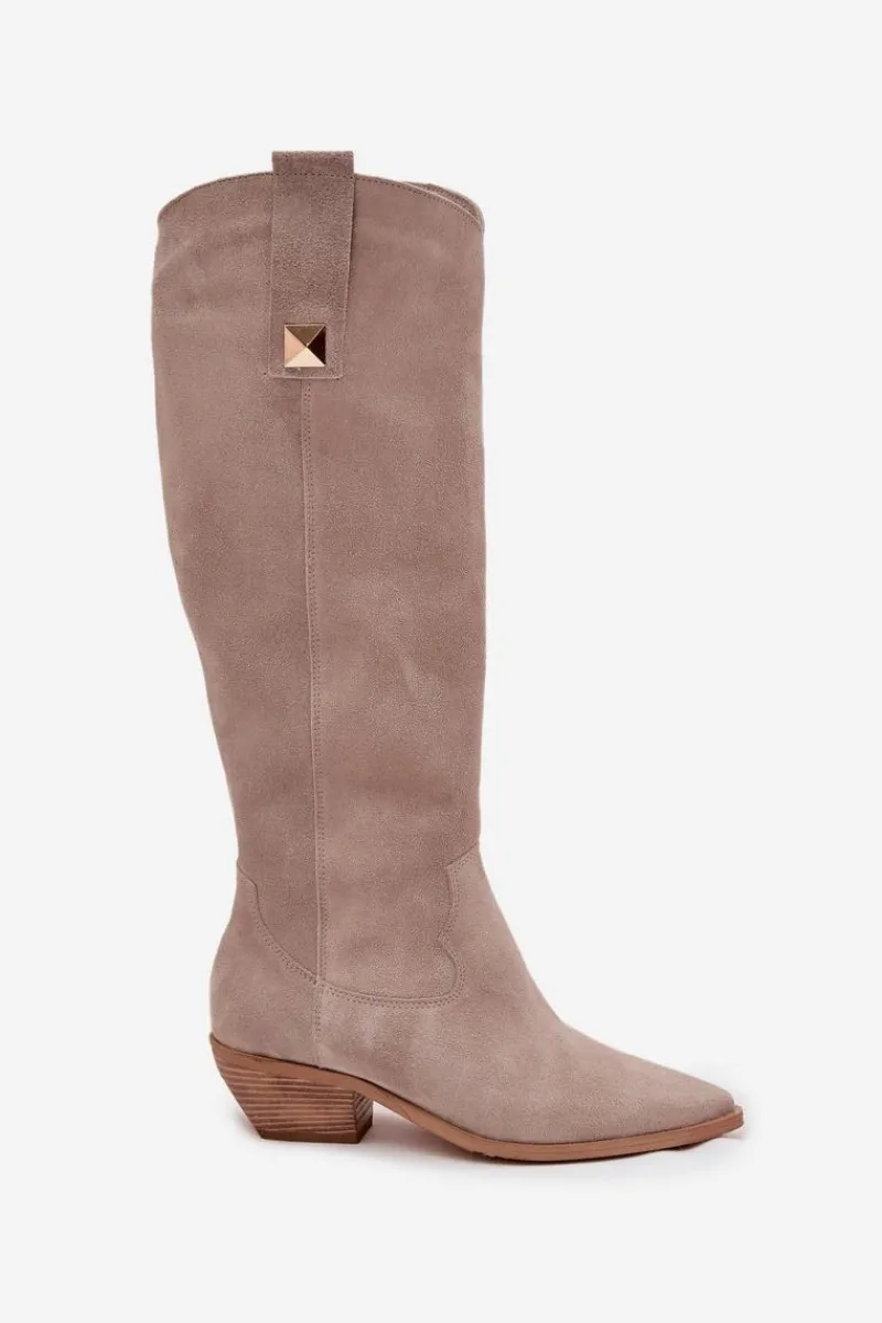 Zazoo Skórzane Zamszowe Kozaki Kowbojki Ocieplane 4224 Cappuccino Beżowy