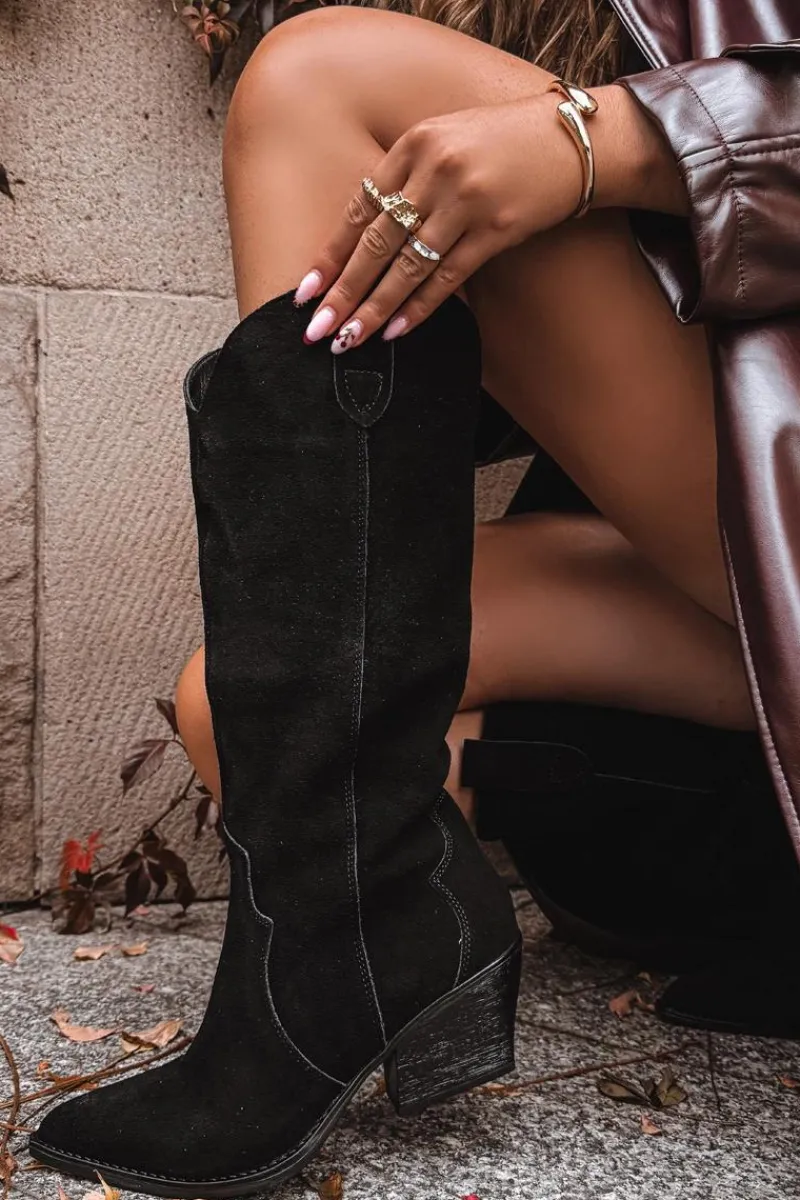 Hot Skórzane Zamszowe Kozaki Kowbojki Damskie Ocieplane Czarne Urselle Damskie Kozaki Ocieplane|Kozaki Na Słupku