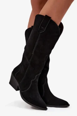 Hot Skórzane Zamszowe Kozaki Kowbojki Damskie Ocieplane Czarne Urselle Damskie Kozaki Ocieplane|Kozaki Na Słupku