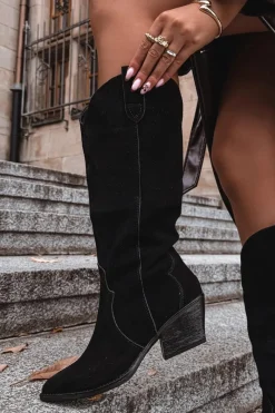 Hot Skórzane Zamszowe Kozaki Kowbojki Damskie Ocieplane Czarne Urselle Damskie Kozaki Ocieplane|Kozaki Na Słupku