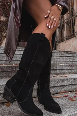 Hot Skórzane Zamszowe Kozaki Kowbojki Damskie Ocieplane Czarne Urselle Damskie Kozaki Ocieplane|Kozaki Na Słupku