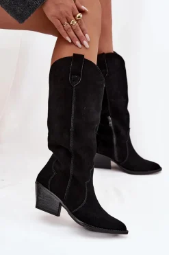 Hot Skórzane Zamszowe Kozaki Kowbojki Damskie Ocieplane Czarne Urselle Damskie Kozaki Ocieplane|Kozaki Na Słupku