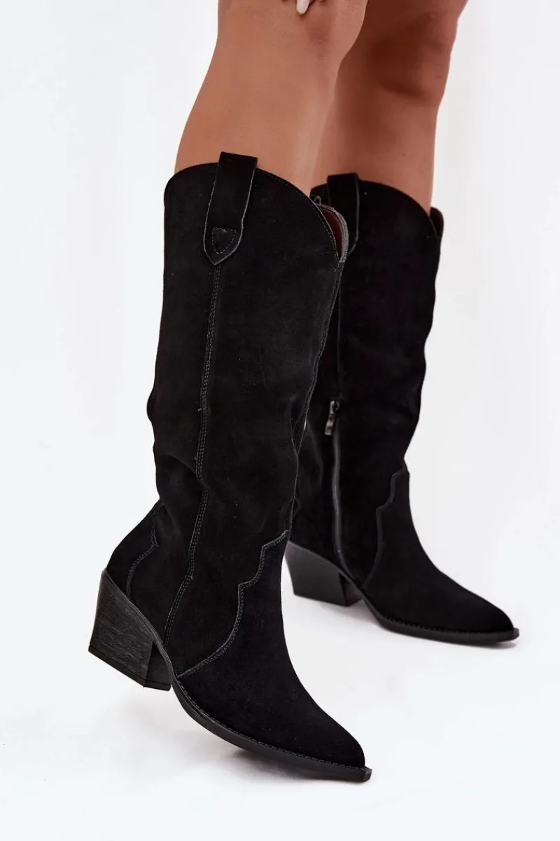 Hot Skórzane Zamszowe Kozaki Kowbojki Damskie Ocieplane Czarne Urselle Damskie Kozaki Ocieplane|Kozaki Na Słupku