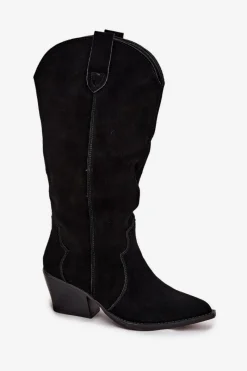 Hot Skórzane Zamszowe Kozaki Kowbojki Damskie Ocieplane Czarne Urselle Damskie Kozaki Ocieplane|Kozaki Na Słupku