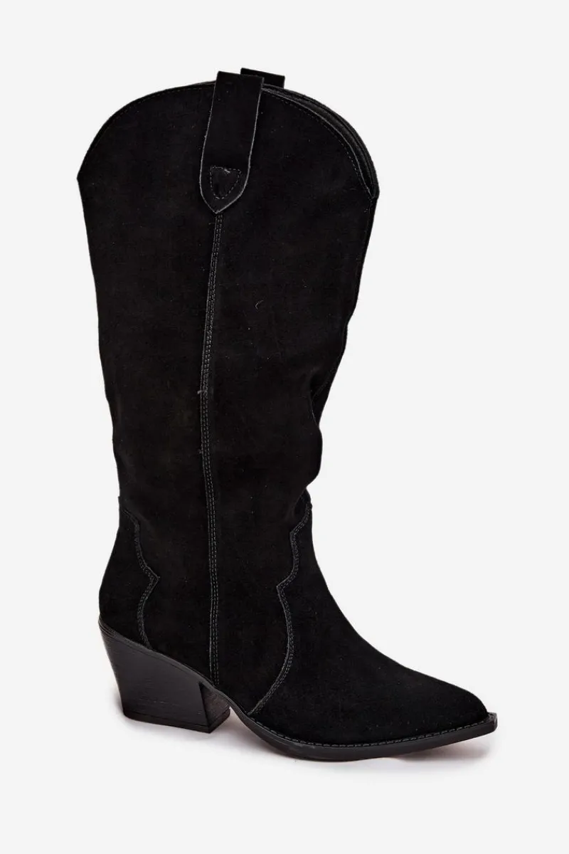 Hot Skórzane Zamszowe Kozaki Kowbojki Damskie Ocieplane Czarne Urselle Damskie Kozaki Ocieplane|Kozaki Na Słupku