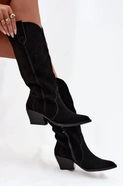 Hot Skórzane Zamszowe Kozaki Kowbojki Damskie Ocieplane Czarne Urselle Damskie Kozaki Ocieplane|Kozaki Na Słupku