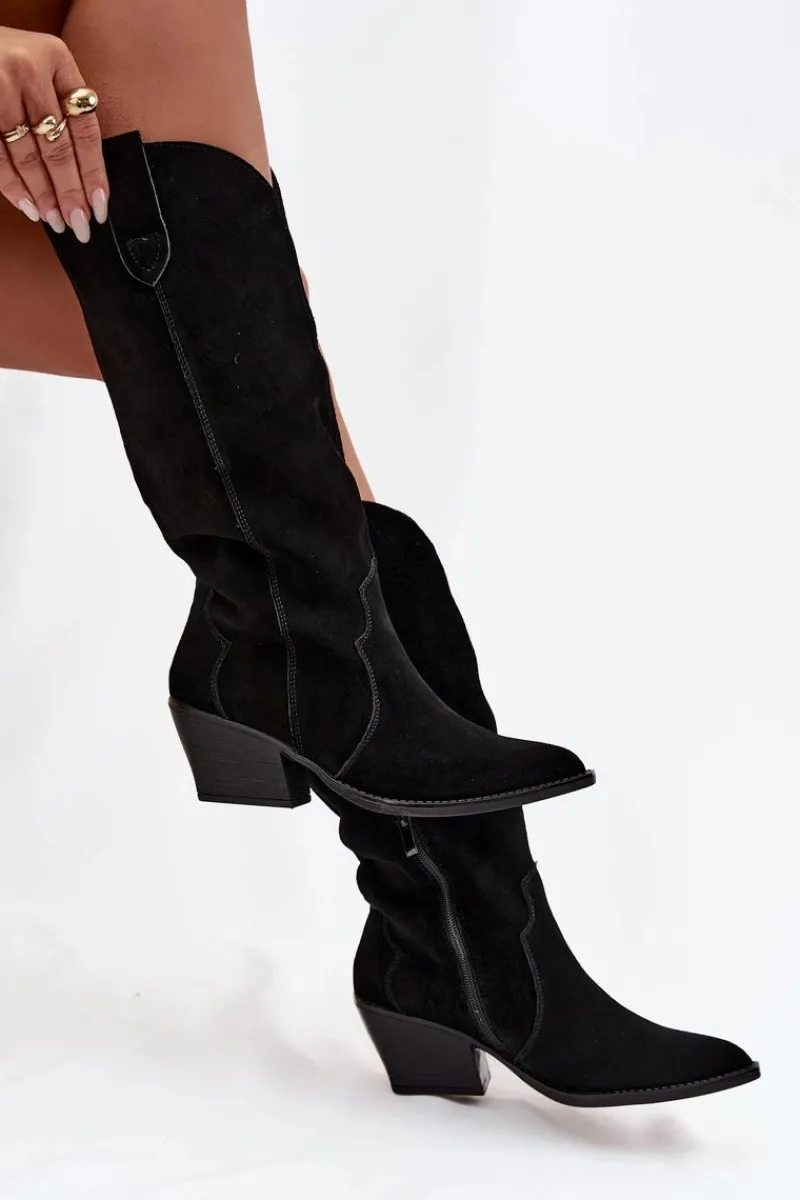 Hot Skórzane Zamszowe Kozaki Kowbojki Damskie Ocieplane Czarne Urselle Damskie Kozaki Ocieplane|Kozaki Na Słupku