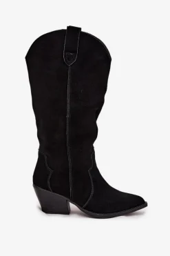 Hot Skórzane Zamszowe Kozaki Kowbojki Damskie Ocieplane Czarne Urselle Damskie Kozaki Ocieplane|Kozaki Na Słupku