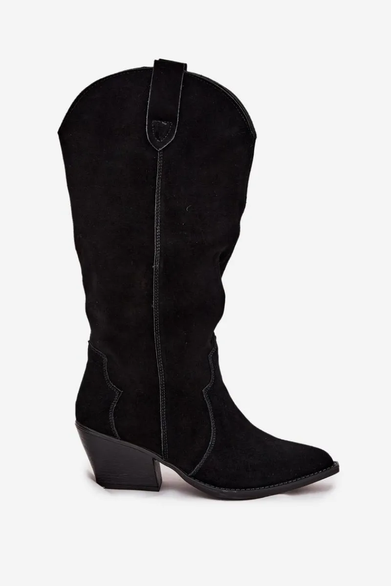 Hot Skórzane Zamszowe Kozaki Kowbojki Damskie Ocieplane Czarne Urselle Damskie Kozaki Ocieplane|Kozaki Na Słupku