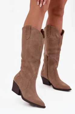 Online Boto Skórzane Zamszowe Kozaki Kowbojki Damskie Ocieplane Khaki Urselle Beżowy