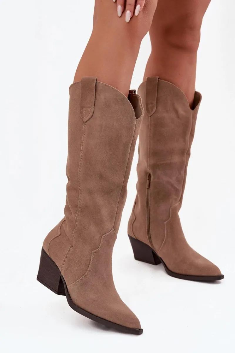 Online Boto Skórzane Zamszowe Kozaki Kowbojki Damskie Ocieplane Khaki Urselle Beżowy