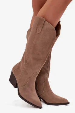 Online Boto Skórzane Zamszowe Kozaki Kowbojki Damskie Ocieplane Khaki Urselle Beżowy