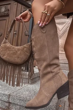 Online Boto Skórzane Zamszowe Kozaki Kowbojki Damskie Ocieplane Khaki Urselle Beżowy