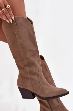 Online Boto Skórzane Zamszowe Kozaki Kowbojki Damskie Ocieplane Khaki Urselle Beżowy