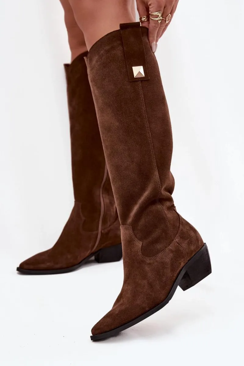 Outlet Skórzane Zamszowe Kozaki Kowbojki Ocieplane 4224 Czekoladowe Damskie Kozaki Ocieplane|Kozaki Wiosenne