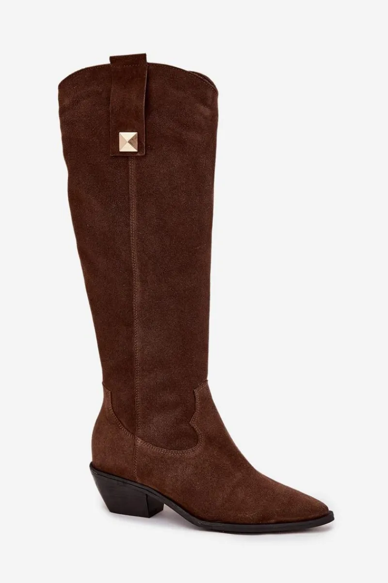 Outlet Skórzane Zamszowe Kozaki Kowbojki Ocieplane 4224 Czekoladowe Damskie Kozaki Ocieplane|Kozaki Wiosenne