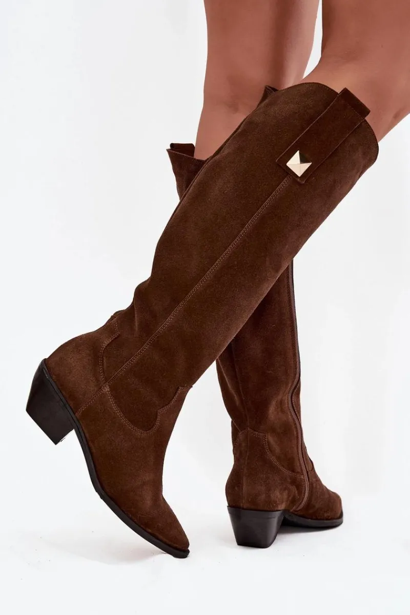 Outlet Skórzane Zamszowe Kozaki Kowbojki Ocieplane 4224 Czekoladowe Damskie Kozaki Ocieplane|Kozaki Wiosenne