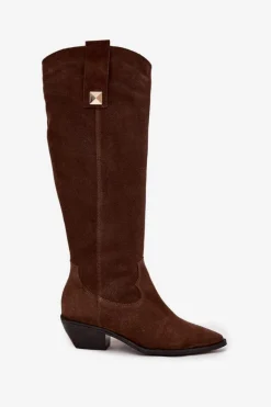 Outlet Skórzane Zamszowe Kozaki Kowbojki Ocieplane 4224 Czekoladowe Damskie Kozaki Ocieplane|Kozaki Wiosenne