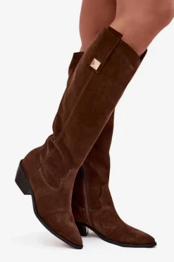 Outlet Skórzane Zamszowe Kozaki Kowbojki Ocieplane 4224 Czekoladowe Damskie Kozaki Ocieplane|Kozaki Wiosenne