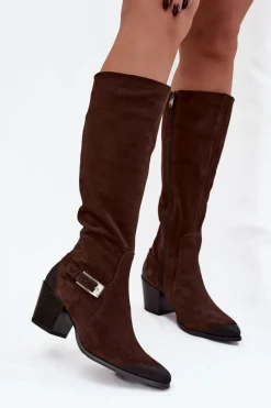 Outlet Skórzane Zamszowe Kozaki Na Obcasie Z Klamrą Ocieplane 70156 Czekoladowe Damskie Kozaki Ocieplane|Kozaki Przed Kolano