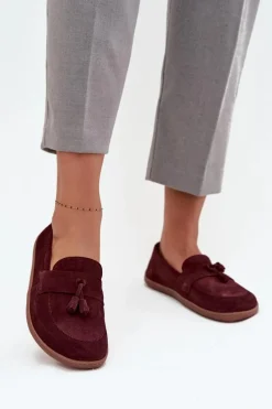 Outlet Zazoo Skórzane Zamszowe Mokasyny Typu Barefoot 322 Bordowe Czerwony